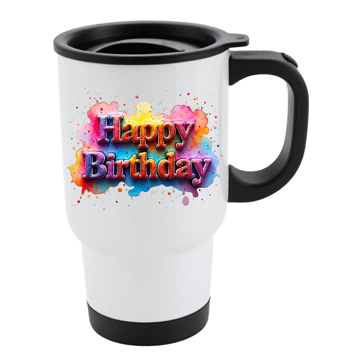 White travel mug with black lid and pastel rainbow “Happy Birthday” lettering