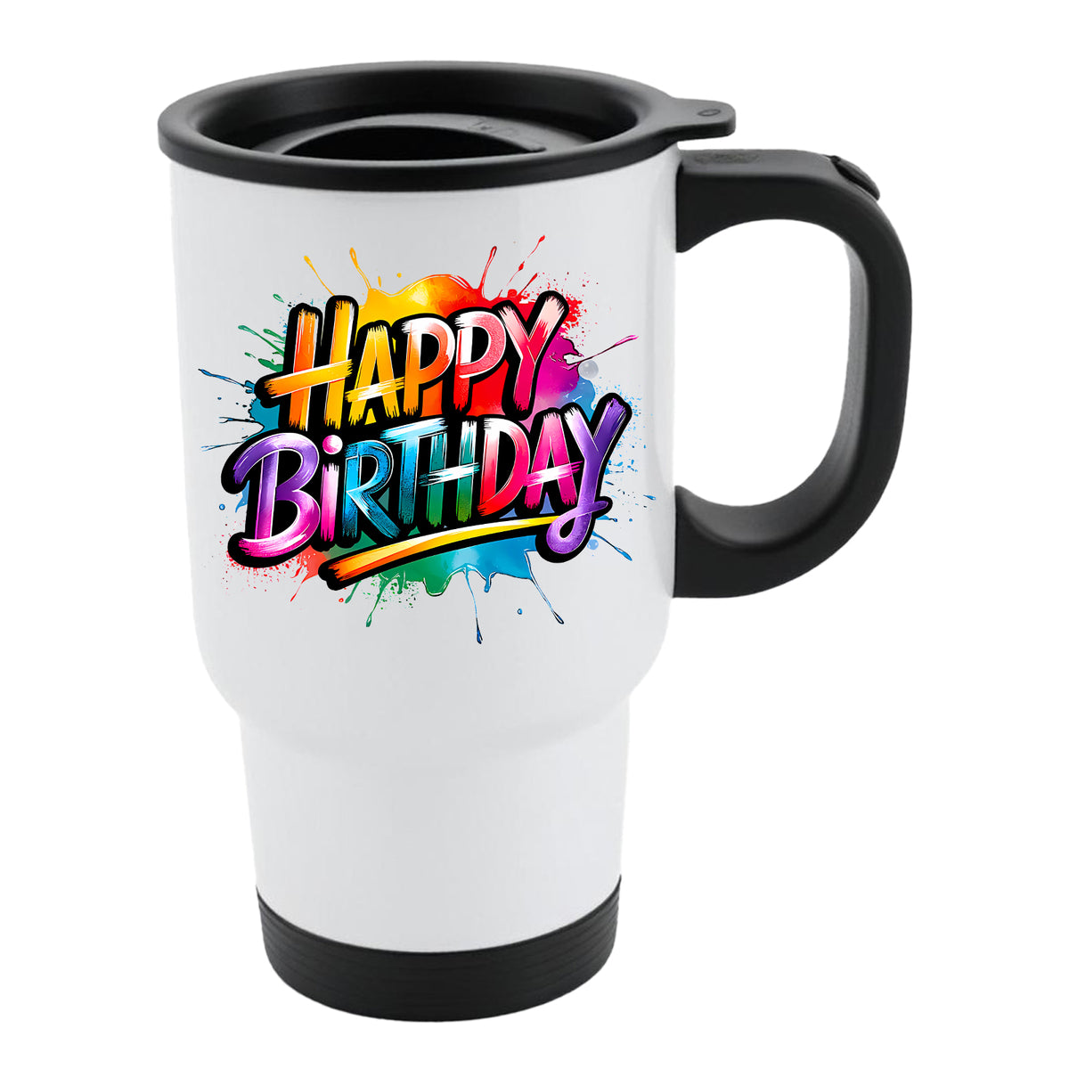 White travel mug with black lid and bold graffiti-style “Happy Birthday” lettering in bright colours