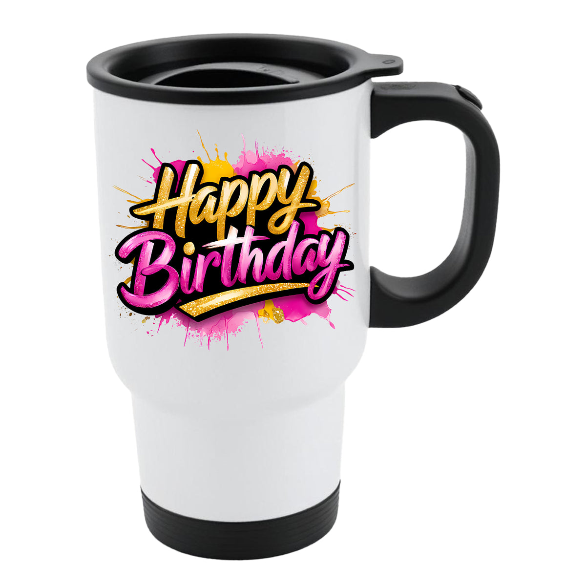 White travel mug with black lid and pink and purple script “Happy Birthday” lettering