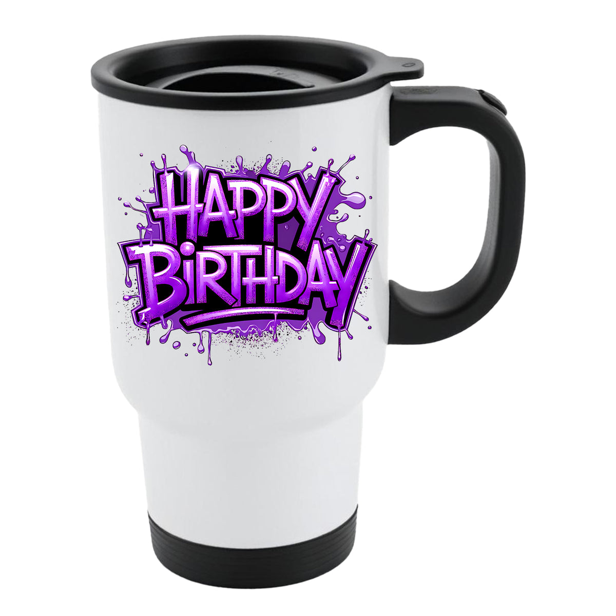 White travel mug with black lid and purple graffiti “Happy Birthday” lettering
