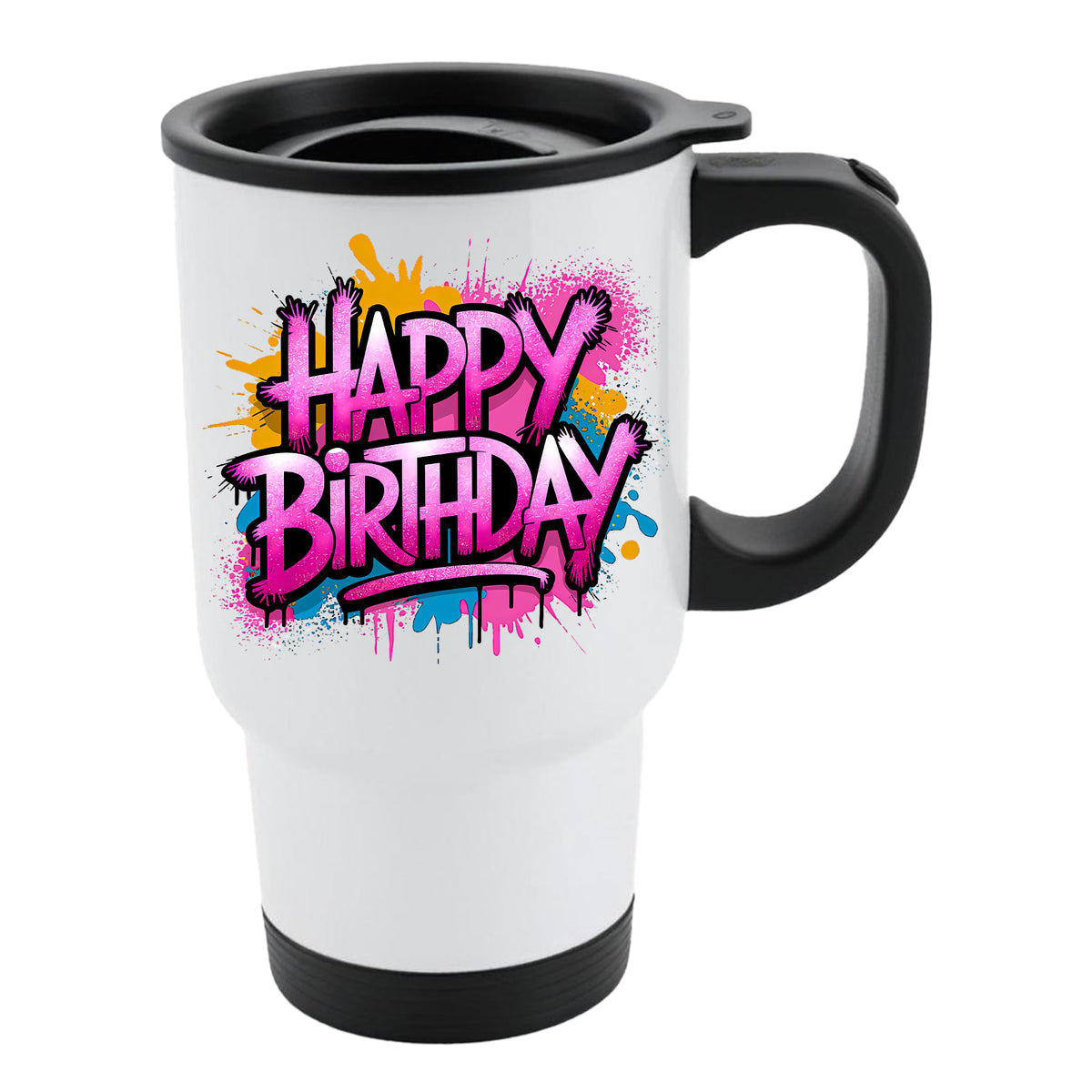 White travel mug with black lid and pink and purple graffiti “Happy Birthday” lettering