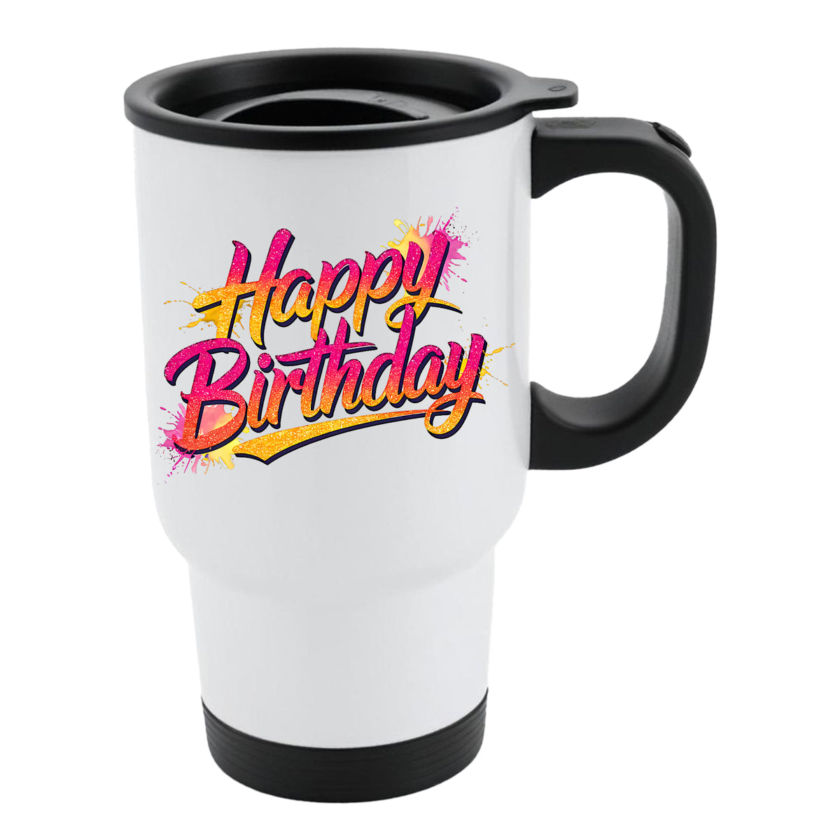 White travel mug with black lid and pink and yellow brush-script “Happy Birthday” lettering