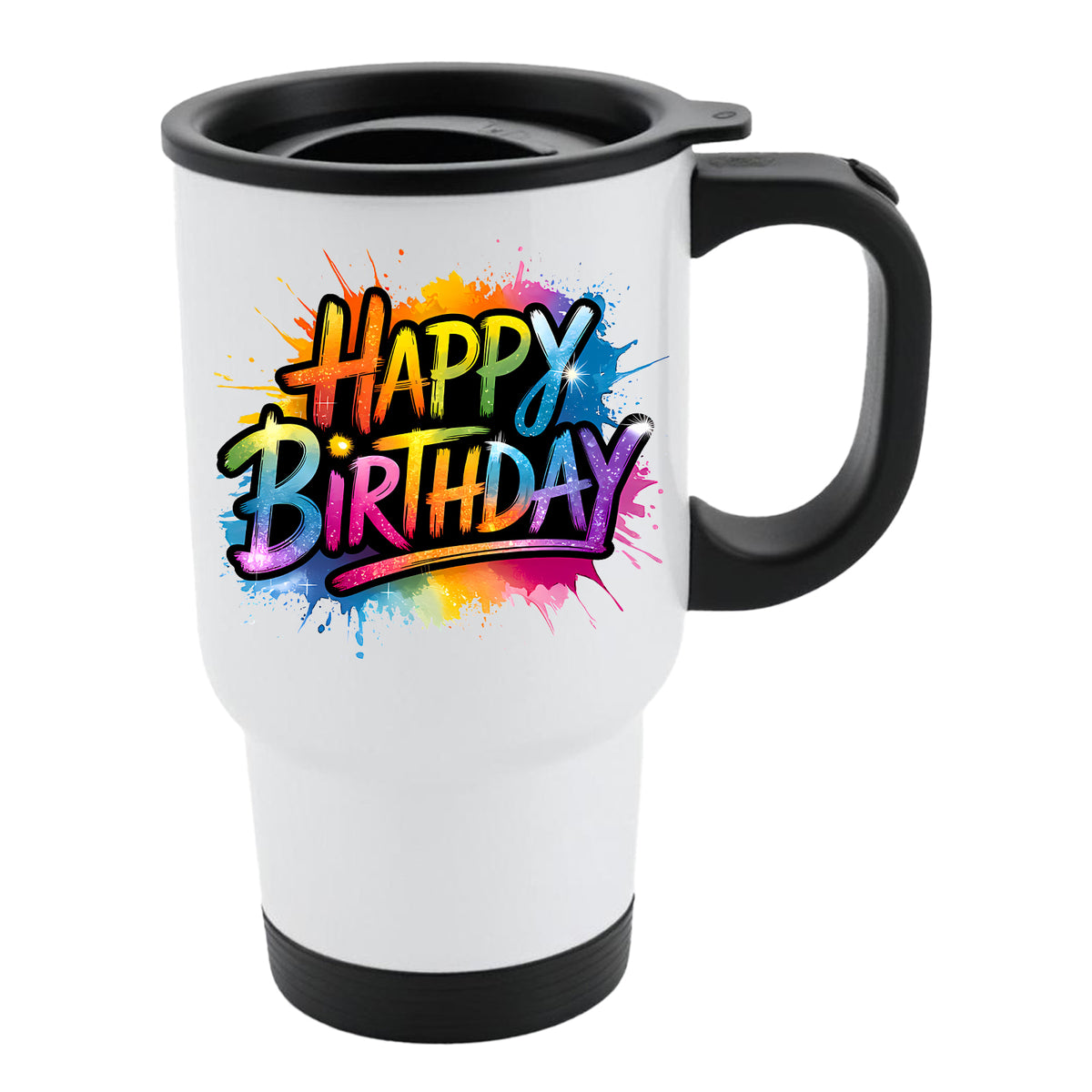 White travel mug with black lid and rainbow graffiti “Happy Birthday” lettering