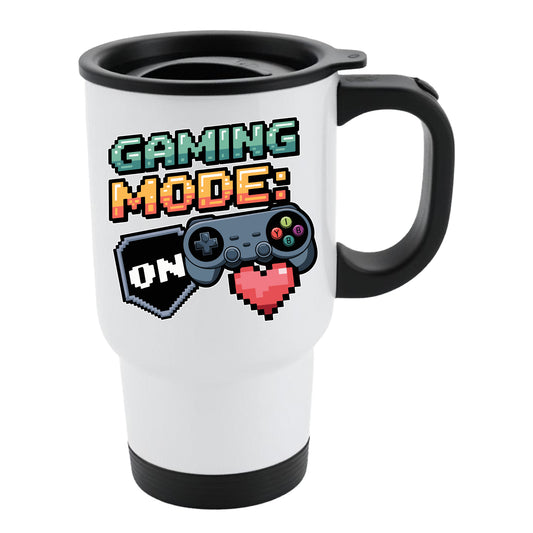 White travel mug printed Gaming Mode On with a game controller and red pixel heart