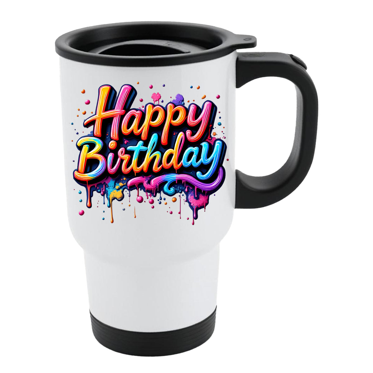White travel mug with black lid and a rainbow paint-drip “Happy Birthday” design