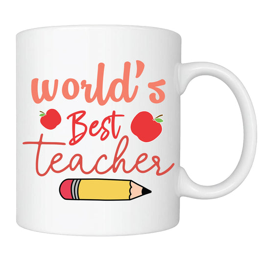 White mug with “World's Best Teacher” with apples and a pencil