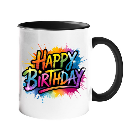 Colour handle mug with rainbow graffiti “Happy Birthday” lettering