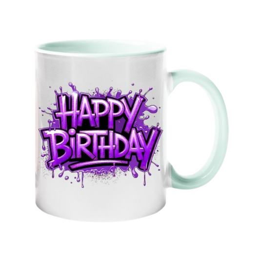 Colour handle mug with purple graffiti “Happy Birthday” lettering