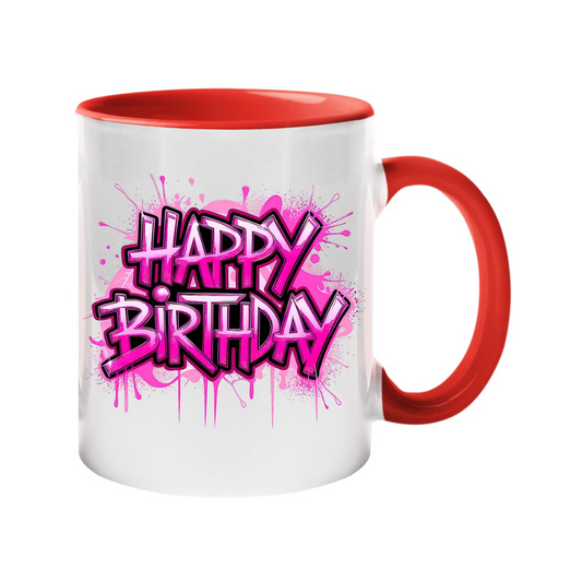 Colour handle mug with pink spray-paint “Happy Birthday” lettering