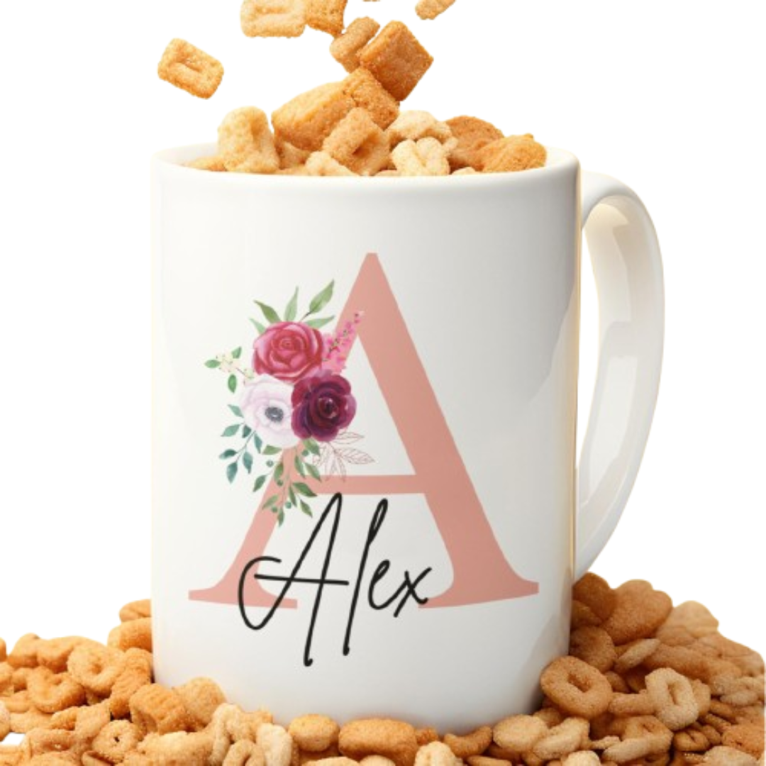 Personalised floral initial mug with an example name