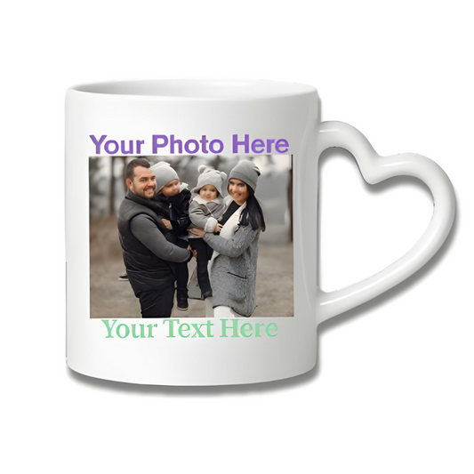 Heart-handle mug with an example photo and text