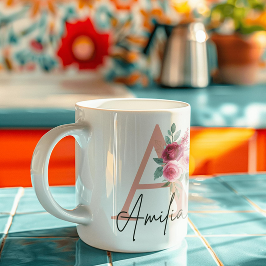 Personalised floral initial mug on a table