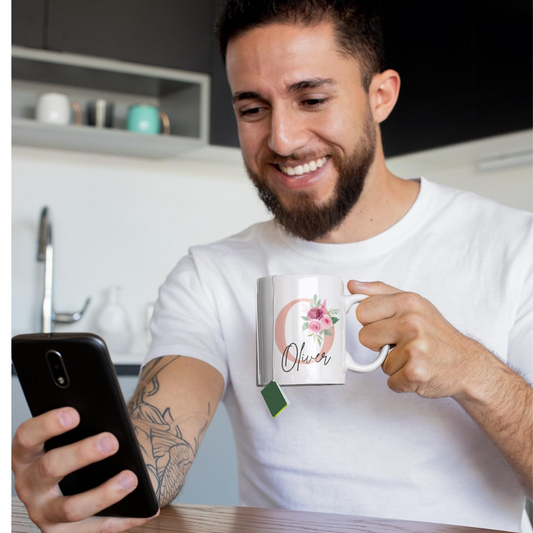 Man smiling with a personalised photo mug