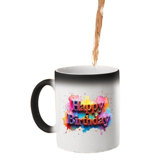 Hot drink poured into the colour changing mug as pastel rainbow “Happy Birthday” lettering appears