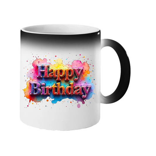 Colour changing mug revealing pastel rainbow “Happy Birthday” lettering