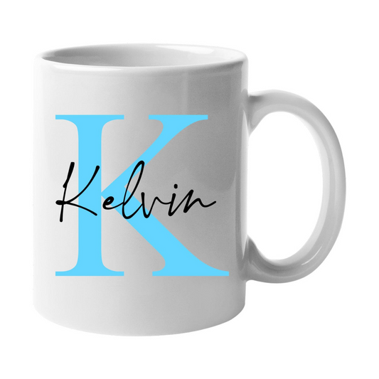 Personalised mug with a blue initial K and an example name