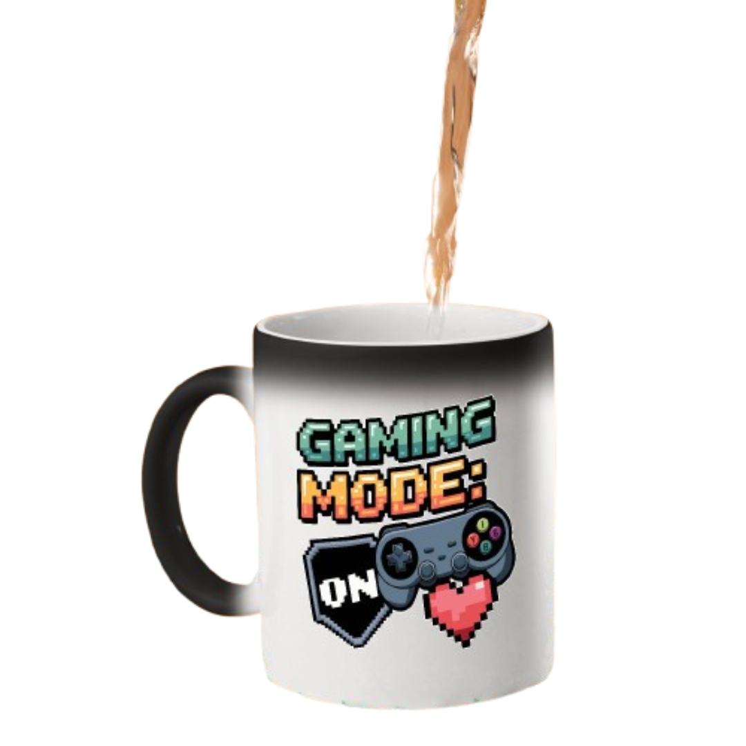 Hot drink poured into the colour changing mug as “Gaming Mode: On” with a game controller and pixel heart appears