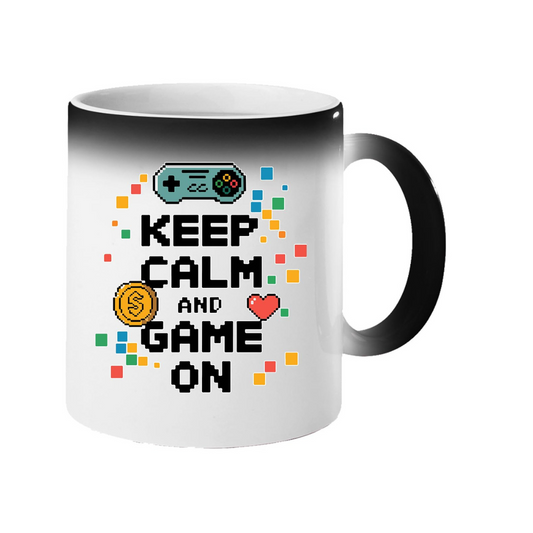 Colour changing mug revealing “Keep Calm and Game On” with a game controller