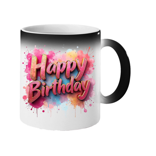 Colour changing mug revealing pink watercolour “Happy Birthday” lettering
