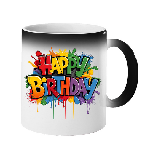 Colour changing mug revealing rainbow graffiti “Happy Birthday” lettering