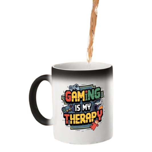 Hot drink poured into the colour changing mug as colourful “Gaming Is My Therapy” lettering appears