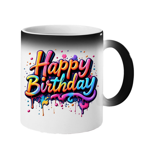 Colour changing mug revealing rainbow splash-script “Happy Birthday” lettering