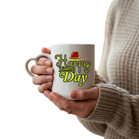 Hands holding the heart-handle mug with “Happy Father's Day” lettering with a red hat