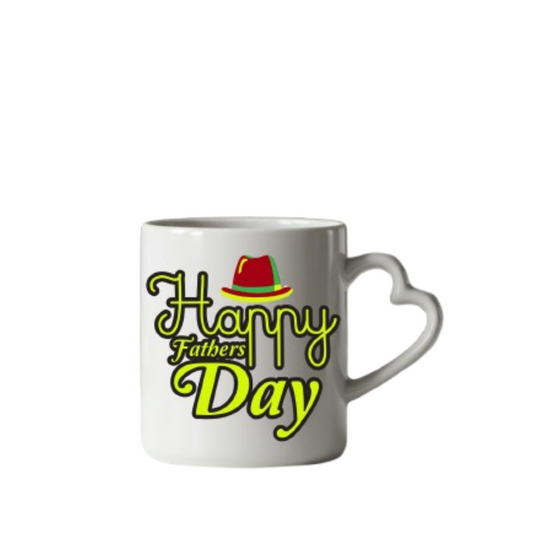 White heart-handle mug with “Happy Father's Day” lettering with a red hat