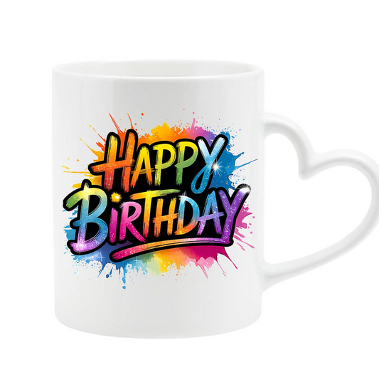 White heart-handle mug with rainbow graffiti “Happy Birthday” lettering