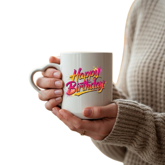 Hands holding the heart-handle mug with orange and pink script “Happy Birthday” lettering