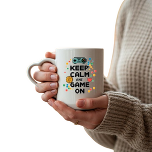 Keep Calm Gamer Mug – Heart Handle Gift for Him or Her