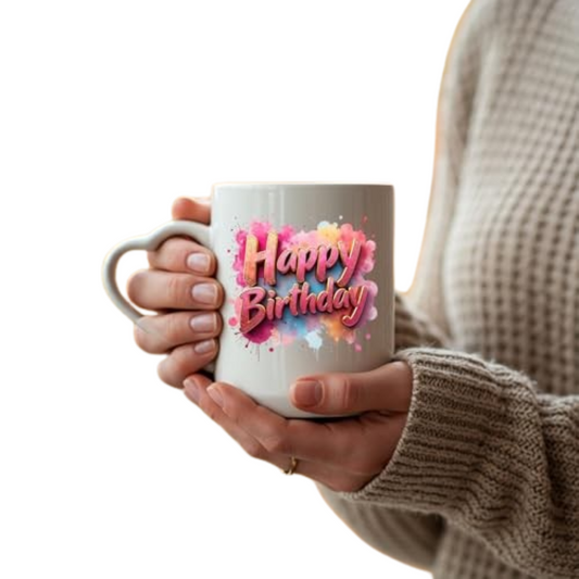 Hands holding the heart-handle mug with pink watercolour “Happy Birthday” lettering
