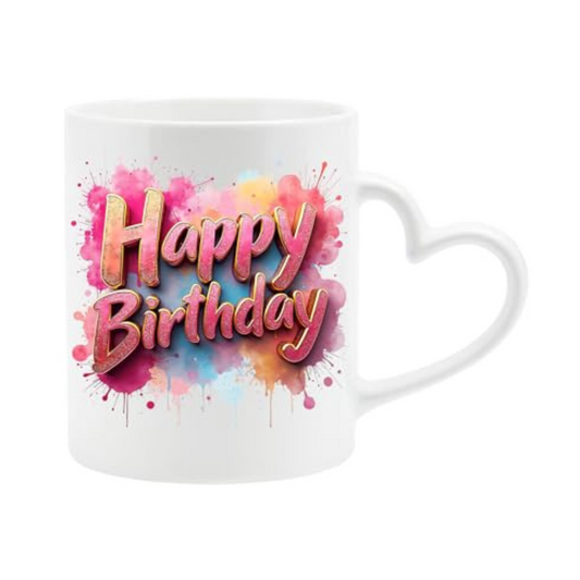 White heart-handle mug with pink watercolour “Happy Birthday” lettering