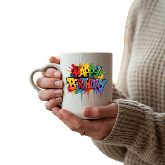 Hands holding the heart-handle mug with rainbow block-letter “Happy Birthday”
