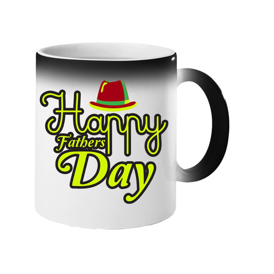 Colour changing mug revealing “Happy Father's Day” lettering with a red hat