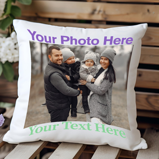 Cushion with an example photo and text
