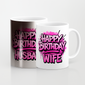 Two mugs with 'Happy Birthday Husband' and 'Happy Birthday Wife' text on a white background