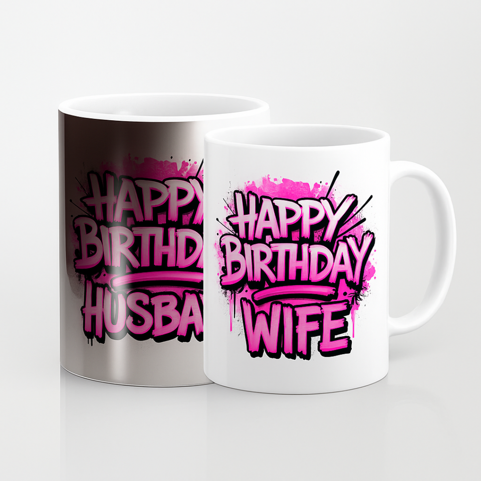 Two mugs with 'Happy Birthday Husband' and 'Happy Birthday Wife' text on a white background