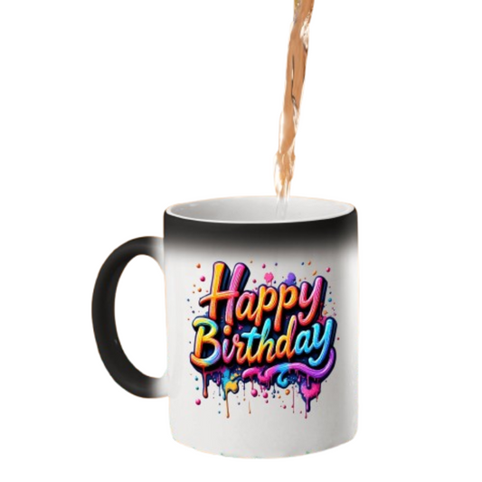 Hot drink poured into the colour changing mug as colourful script “Happy Birthday” lettering with paint drips appears