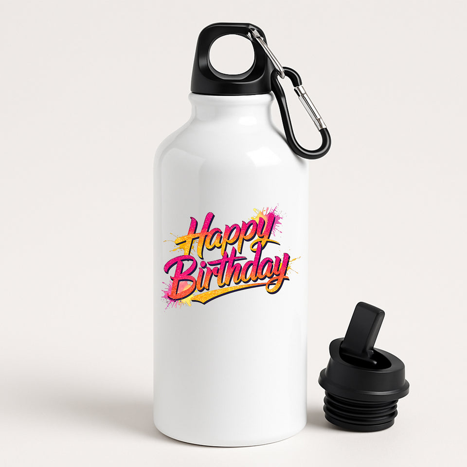 White water bottle with 'Happy Birthday' text on a white background