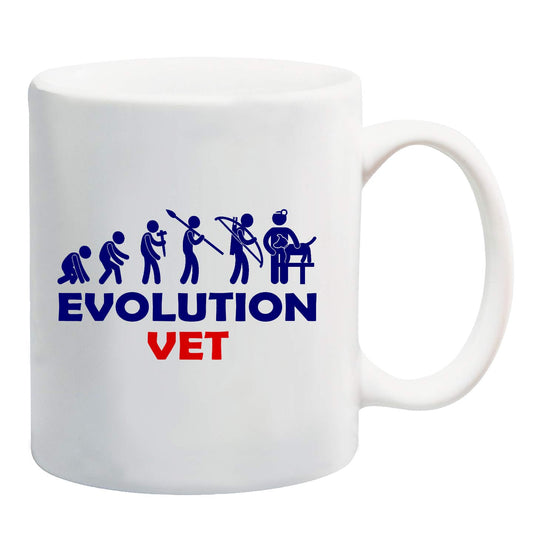 White mug with navy evolution silhouettes ending in a vet, captioned “Evolution Vet”