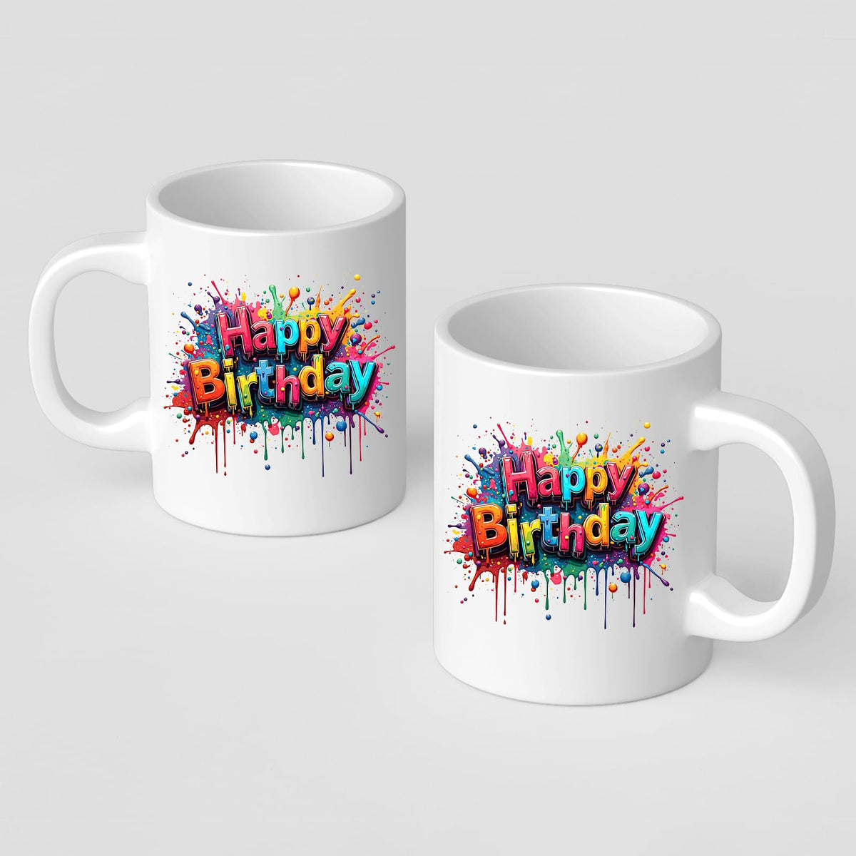 Two Happy Birthday mugs showing the print on both sides
