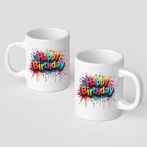Happy Birthday Mug Colourful Text Splash Design Gift Cup Funny Birthday Present for Him Her or Kids Ceramic Coffee Tea Mug for Surprise Party Celebration Gift