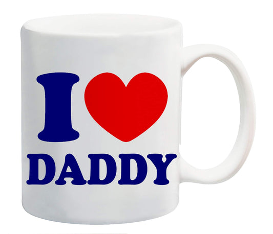White mug printed “I ❤ DADDY” in navy with a red heart