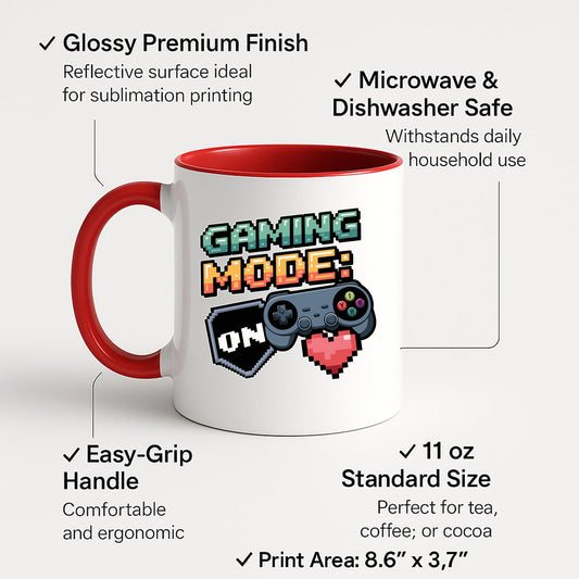 Colour handle mug with labels for 11oz size and easy-grip handle