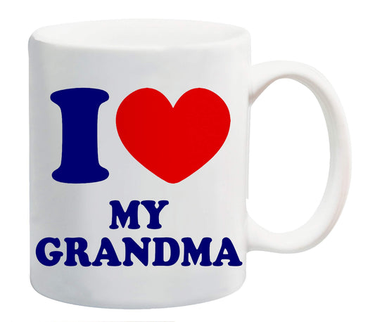 White mug printed “I ❤ MY GRANDMA” in navy with a red heart