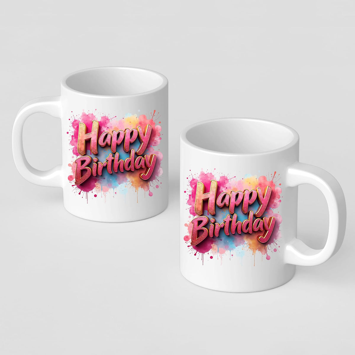 Two Happy Birthday mugs showing the print on both sides