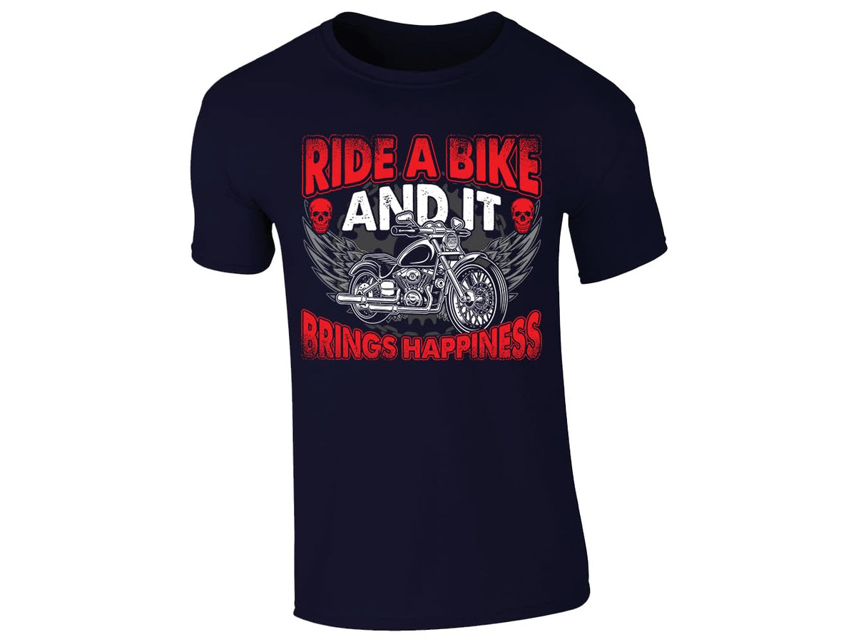 Navy men's T-shirt with Ride a Bike and It Brings Happiness winged motorcycle skull design