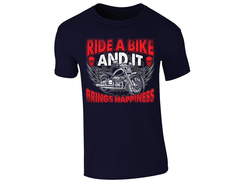 Brings Happiness T-Shirt Mens Winged Motorcycle Skull Graphic Biker Enthusiasts Ride a Bike Cool Rider Shirt Party Wear Style