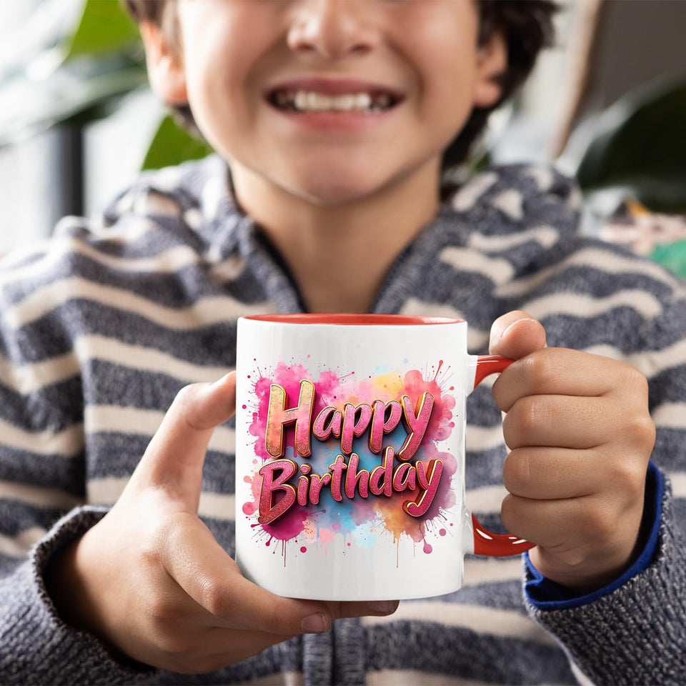 Happy Birthday Colour Mug – Splash Print Ceramic Cup for Dad, Mum, Kids & Friends